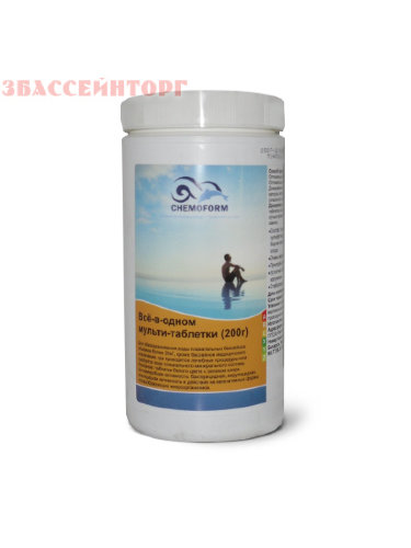Мультитаблетки 3 в 1 (200 гр) 1 / 5 / 10 / 30 кг Chemoform Мультитаблетки 200 гр 3 в 1 (дезинфекция, флокуляция, борьба с водорослями) предназначены для комплексной обработки воды.