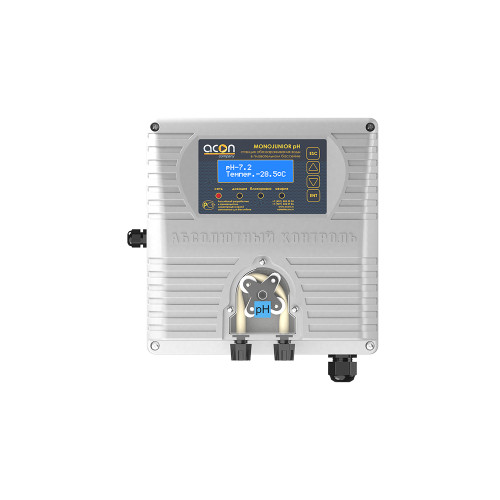 Станция автоматической дозации химреагентов MONOJUNIOR pH Акон MONOJUNIOR pH - универсальная станция химической дозации для бассейнов объемом до 500 м3. С датчиком pH. Производительность 2 л/час. Напряжение 220 В.