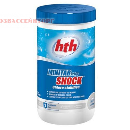 Стабилизированный хлор (таблетки 20 г) 1,2 / 5 / 25 кг Minitab Shok HTH Быстрорастворимый стабилизированный хлор (таблетки 20 г) служит для ухода за водой, быстро повышает уровень хлора. Эффективно действует против зеленой и мутной воды.