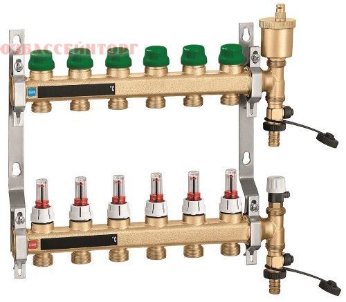 Пара латунных распределительных коллекторов 1″ с расходомерами (в сборе) CALEFFI Распределительный коллектор для систем теплого пола разработан для оптимизации распределения теплоносителя в контурах систем напольного отопления с целью улучшить контроль теплового излучения панелей.