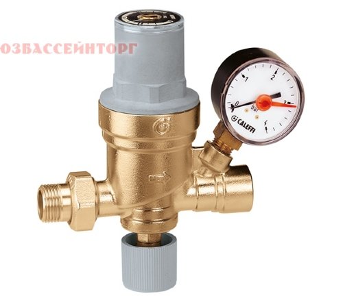 Клапан автоматической подпитки с манометром CALEFFI Установка автоматической подпитки является устройством, состоящим из редукционного клапана давления с 
компенсированным седлом, фильтра на входе, 
клапана-отсекателя и обратного клапана.